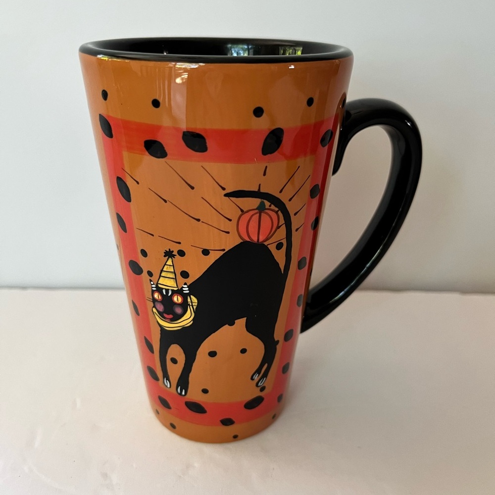 Sharon Bloom Hand Painted Black Cat and Pumpkin Halloween Coffee Mug  14 OZ